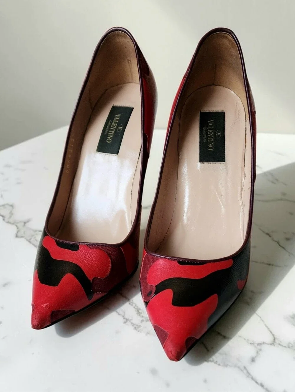 Valentino Rockstud Red & Black Camoflauge Leather Pumps Size 37.5
